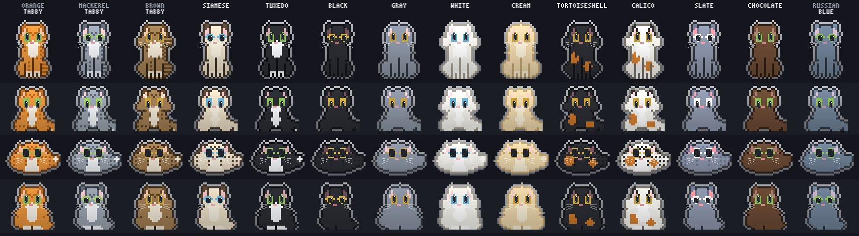 pixelpets - the cat in every pose (sit, typing, hunt, loaf) across all 14 coats